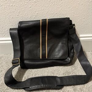 Levenger Black Leather Messenger Bag with Gold Stripes